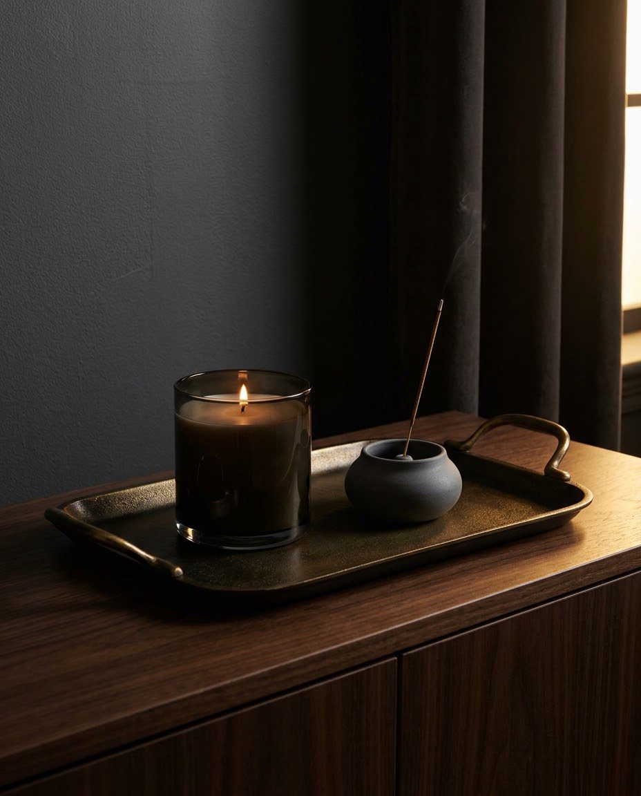 A brass tray, candle and incense vessel in dark light