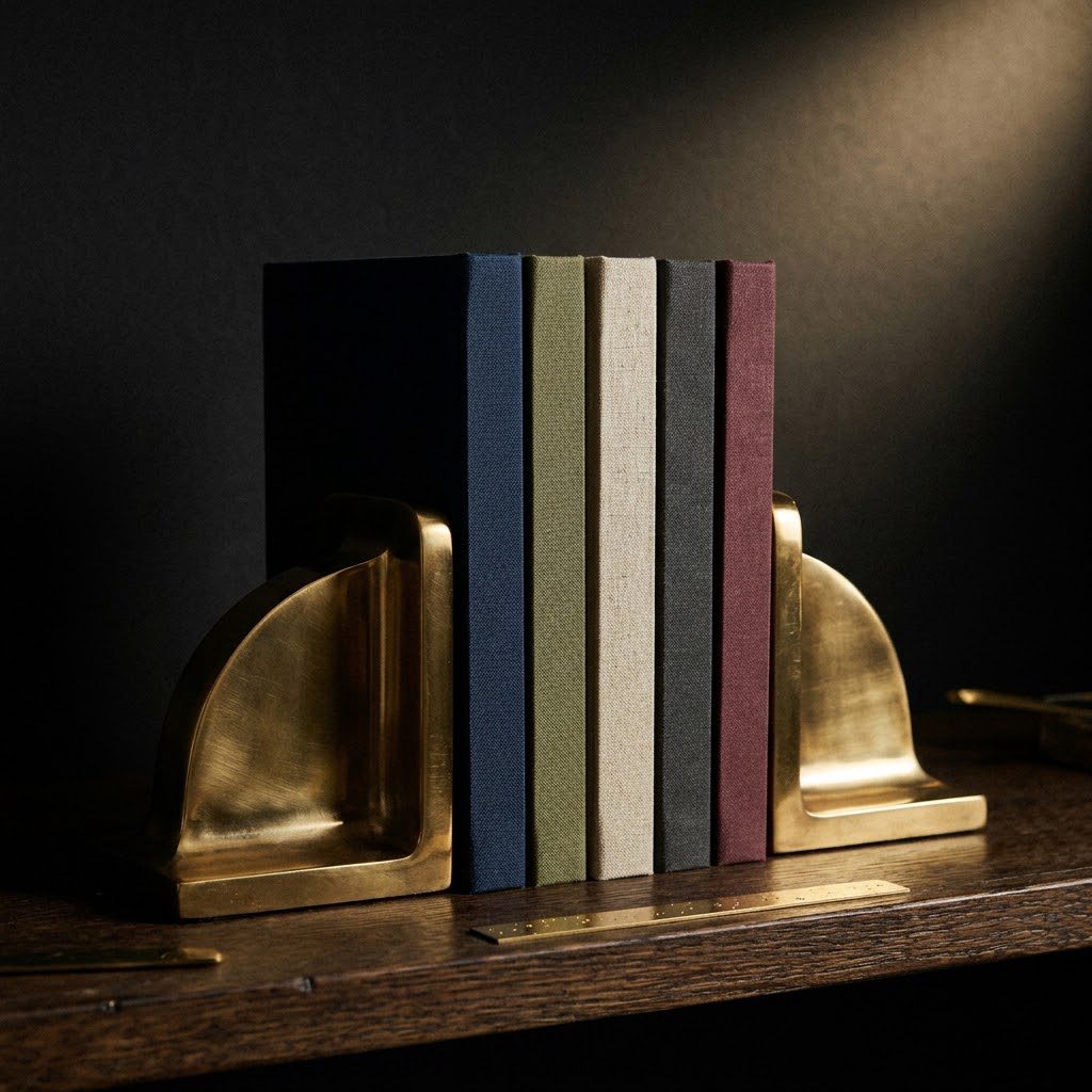 Bookends on a dark oak shelf